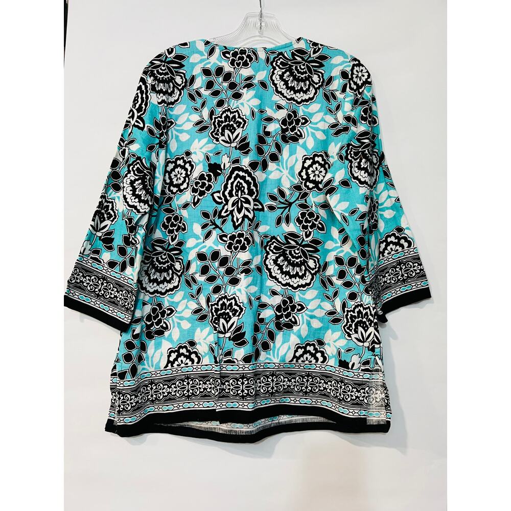 JM Collection Blouse Womens size 12 Blue100% Linen Floral V Neck 3/4 Sleeves - Picture 3 of 5